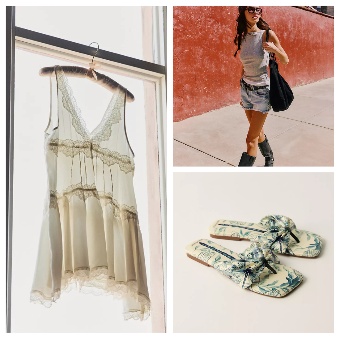 Free People lace dress, casual denim outfit, and patterned sandals