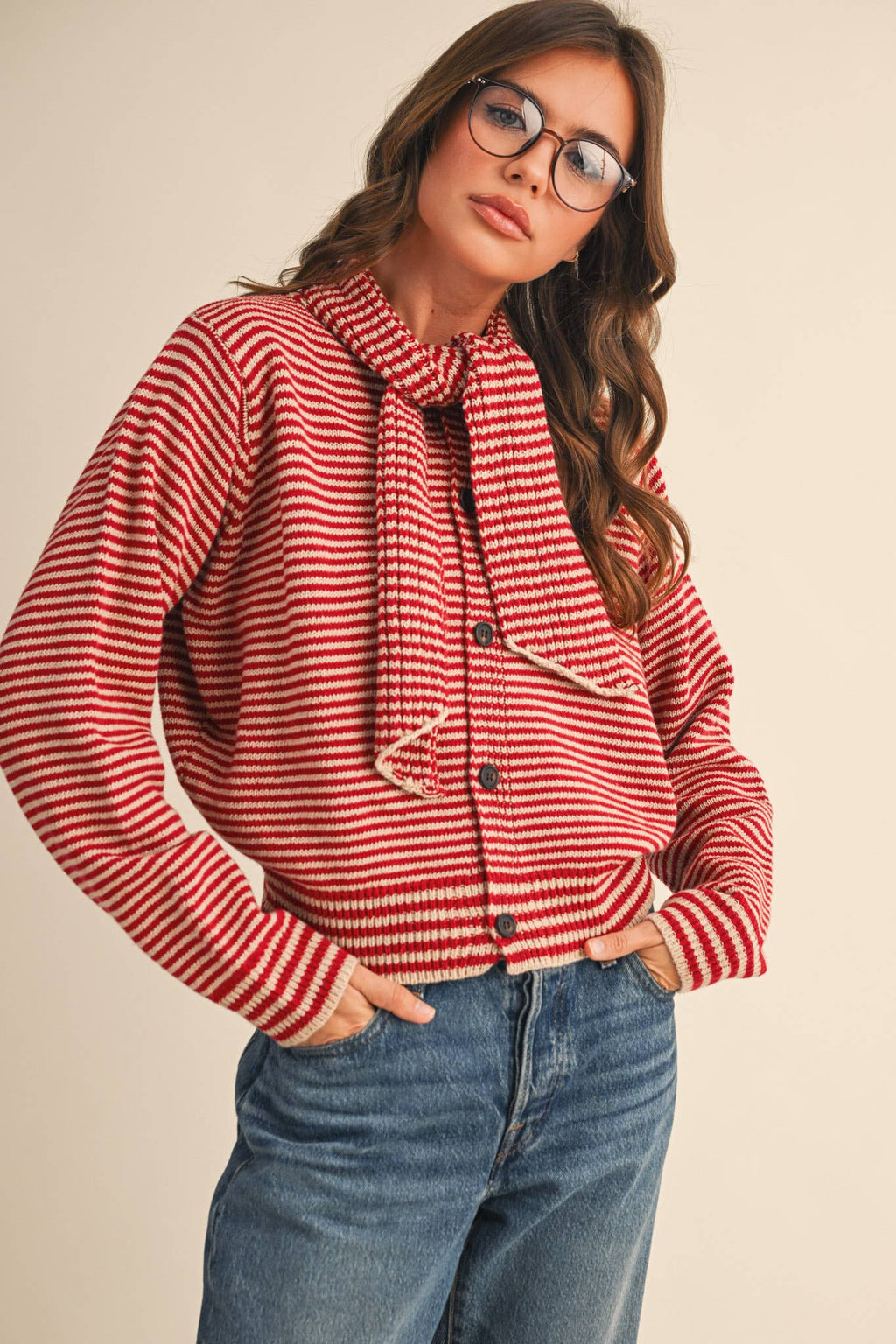 STRIPED TYING NECK SWEATER CARDIGAN MSW11125