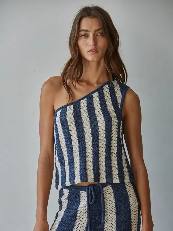 By Together One Shoulder Knit Crop Top - Denim Natural Striped Sweater