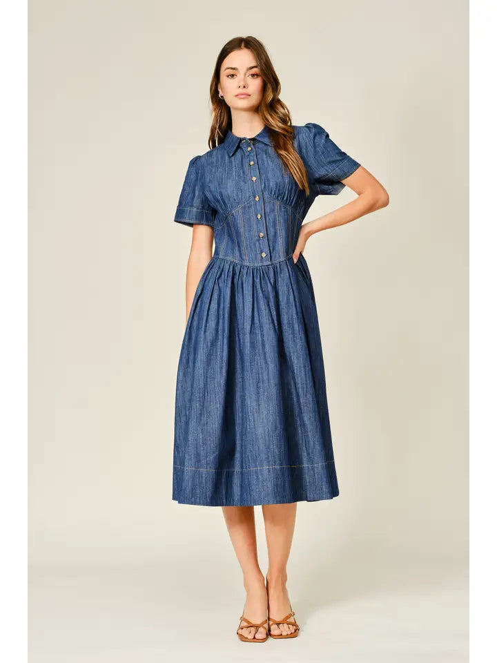 Corset Smocked Denim Shirt Dress