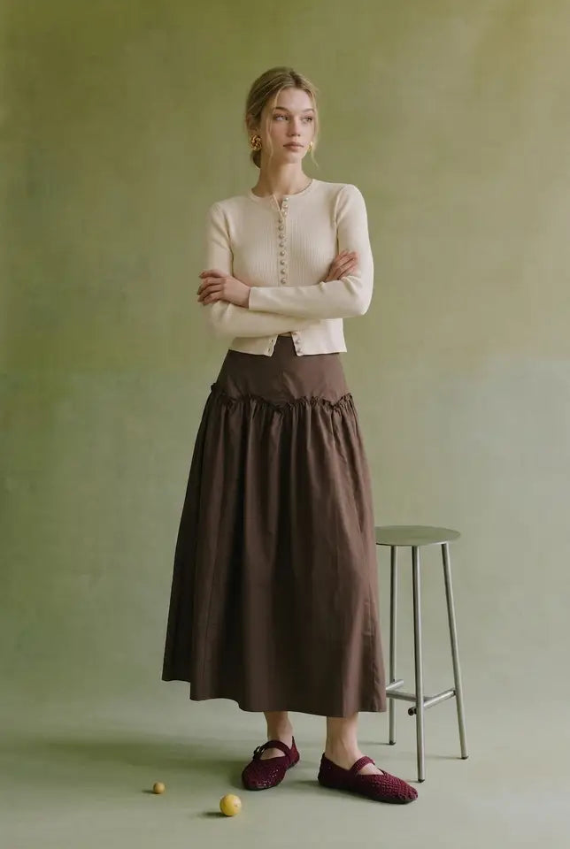 Arch Seam And Ruffle Detail Taffeta Midi Skirt
