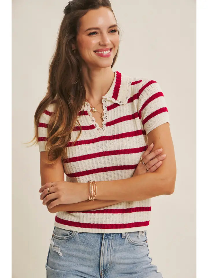SWEET TIMELESS DELICATE CROCHET POINTELLE STRIPE SWEATER TOP
