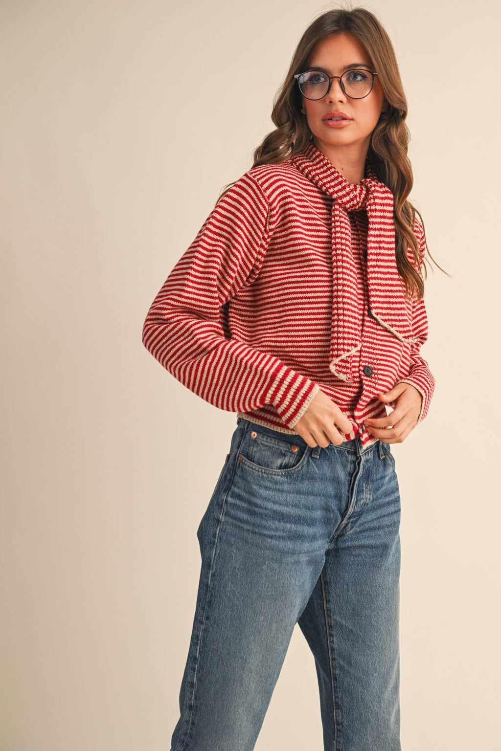 STRIPED TYING NECK SWEATER CARDIGAN MSW11125