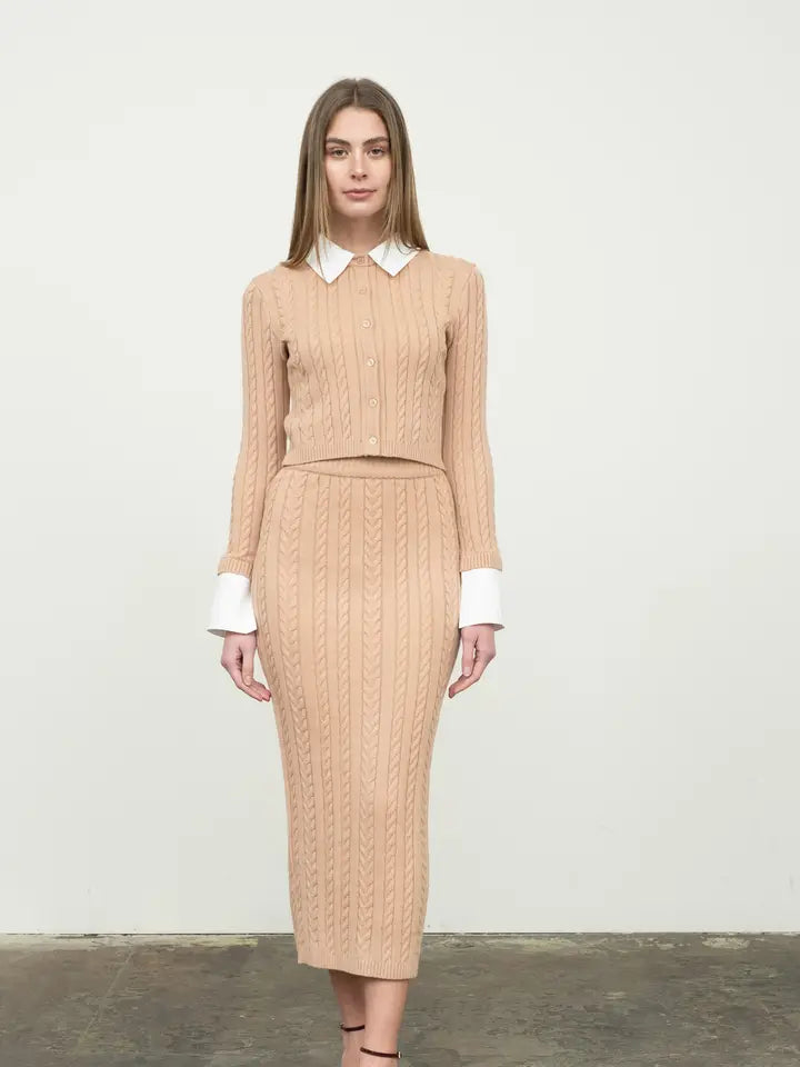 MIXED MEDIA CABLE KNIT LONG SLEEVE KNIT TOP