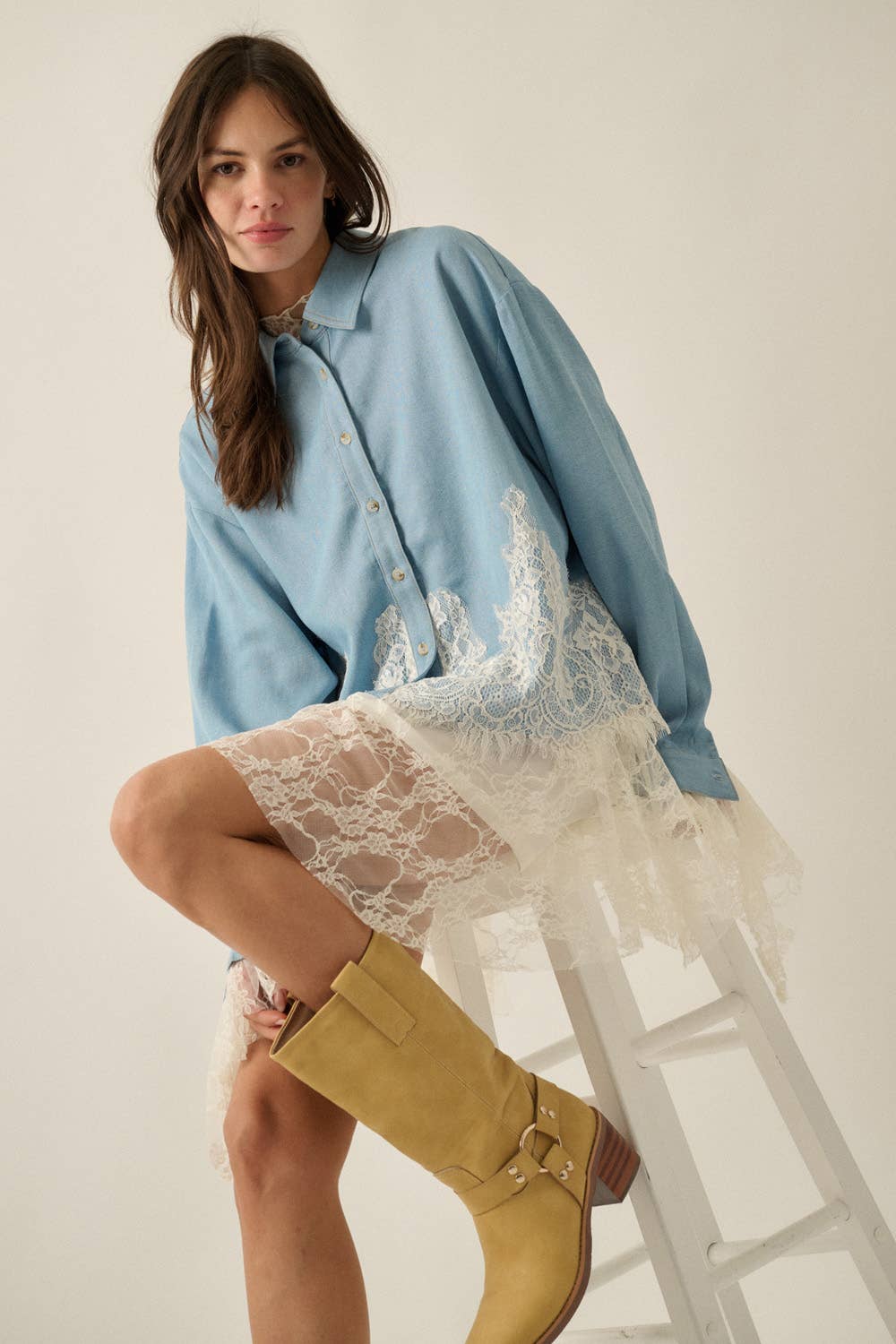 Tencel Lace Appliqué Loose-Fit Button-Up Shirt