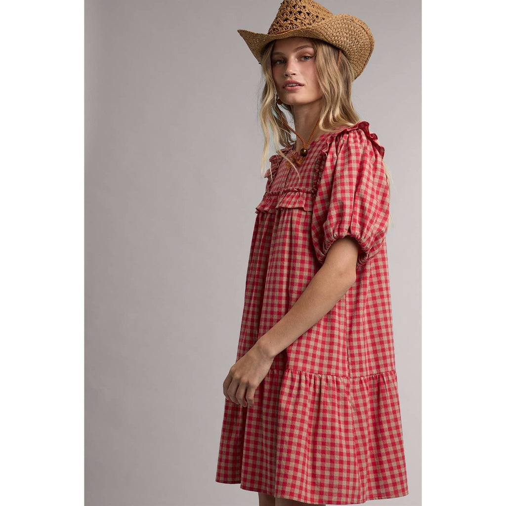 RUFFLE DETAIL GINGHAM MINI DRESS