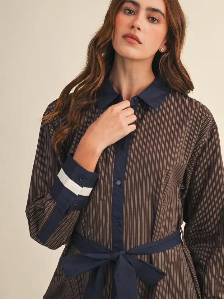 Striped Button Down Belted Mini Dress