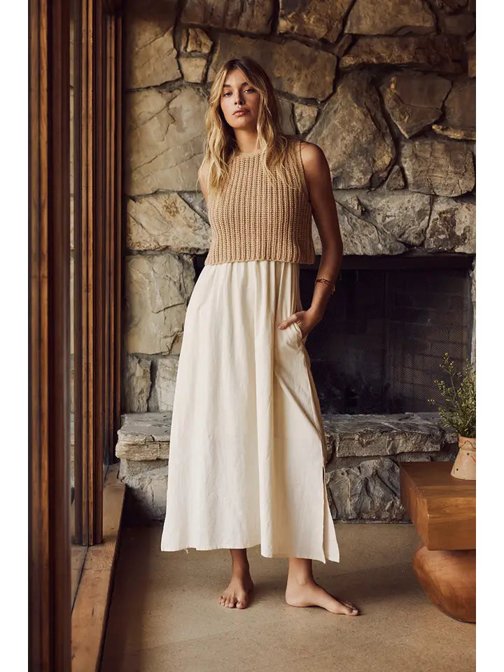 CHUNKY SWEATER TWOFER MIDI DRESS LATTE/CREAM