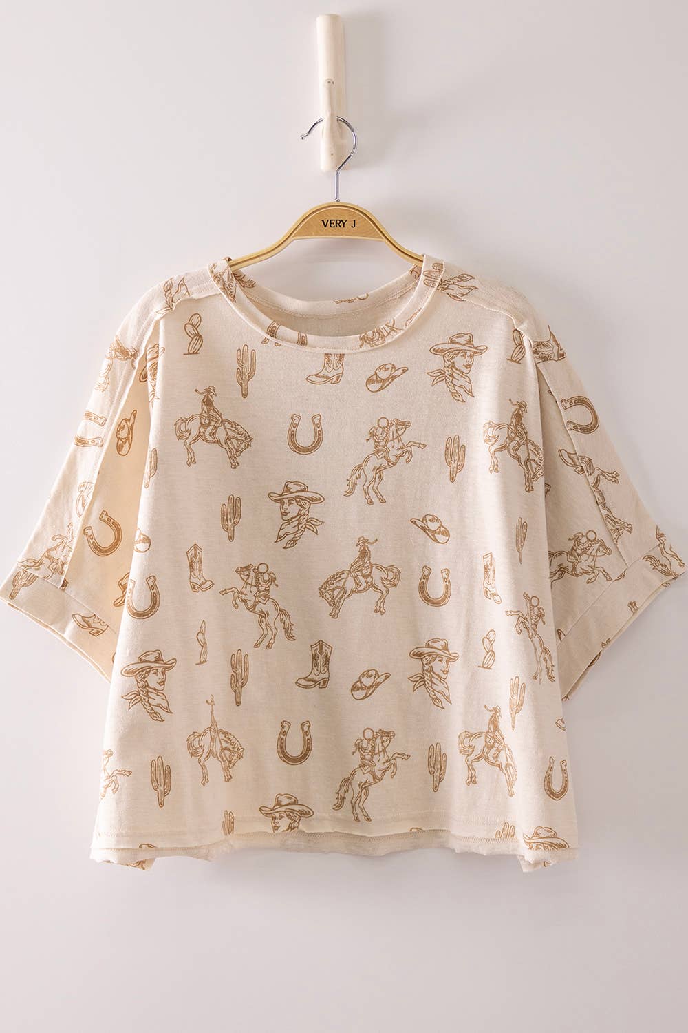 Western Graphic Dolman Sleeve Top- Knit Short Sleeve