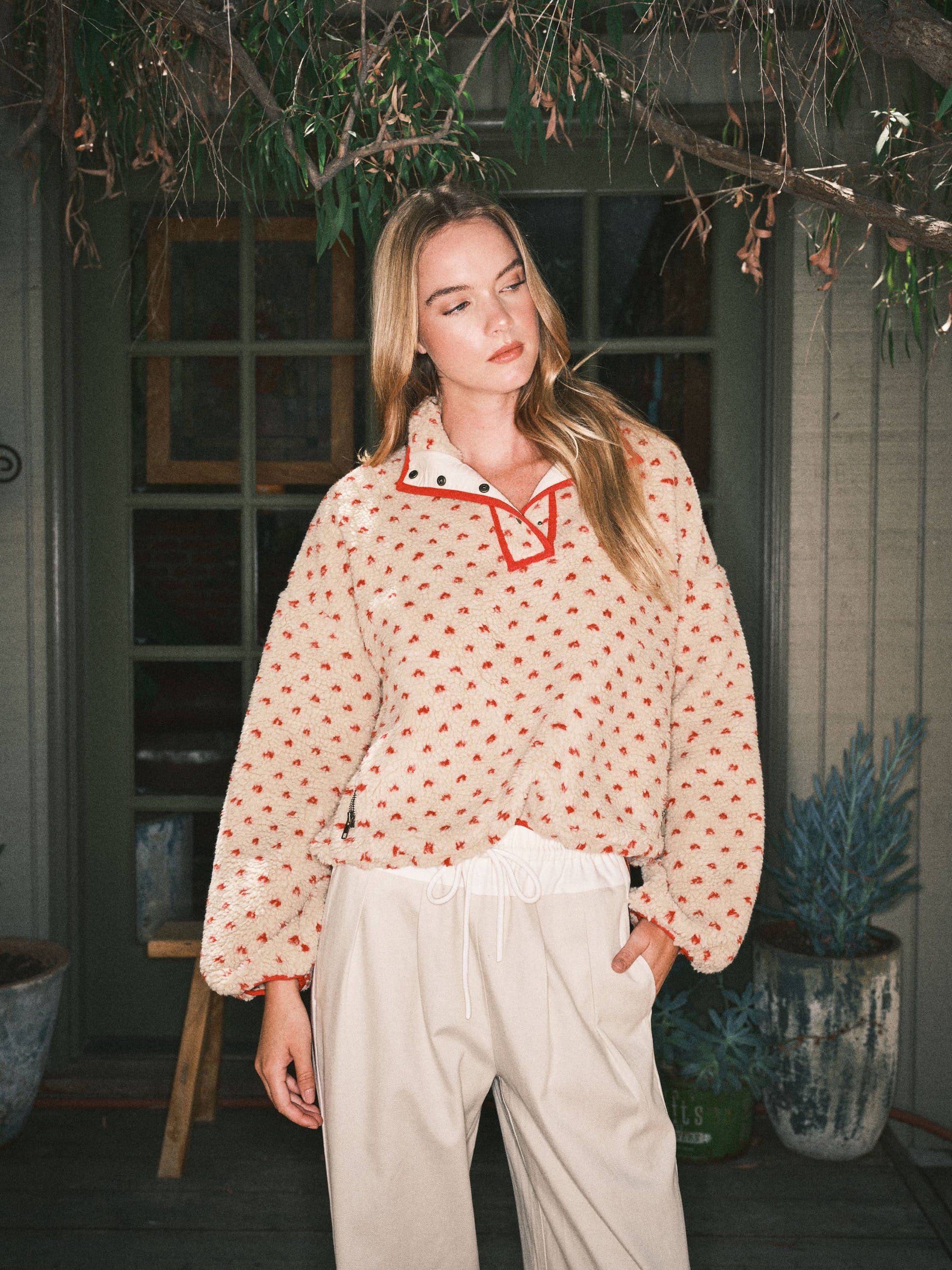 AJJ5366 HEART PRINT TEDDY BEAR PULLOVER JACKET