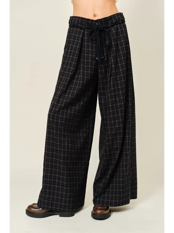 Plaid Wide Pants with Belt Detail