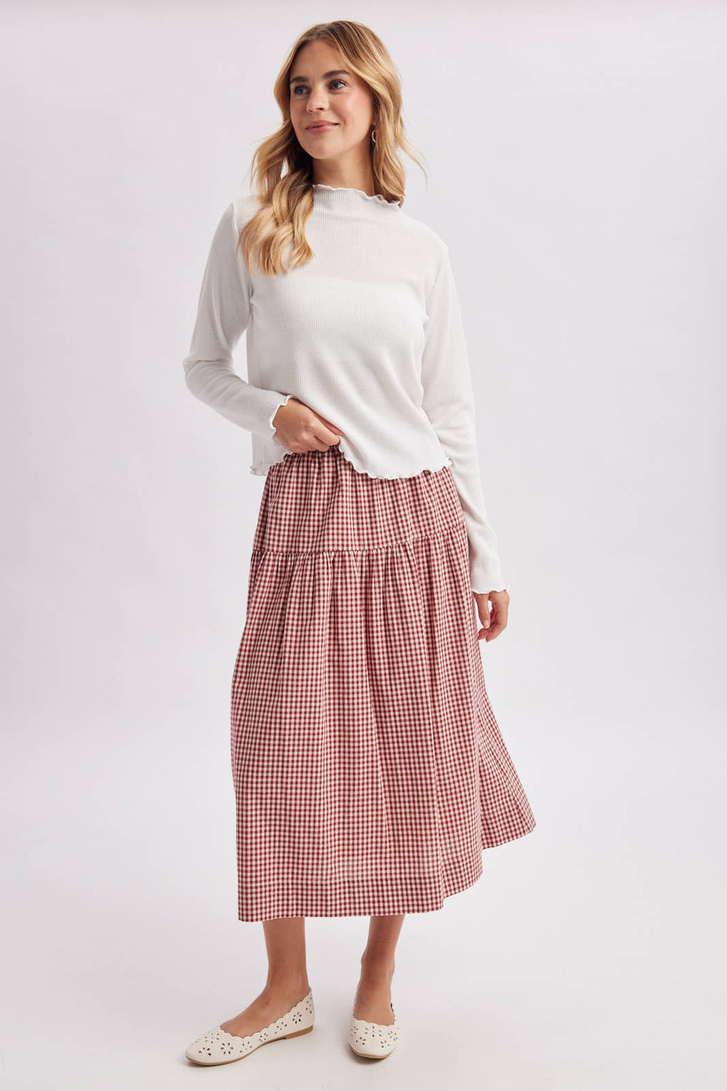 GINGHAM TIERED MAXI SKIRT