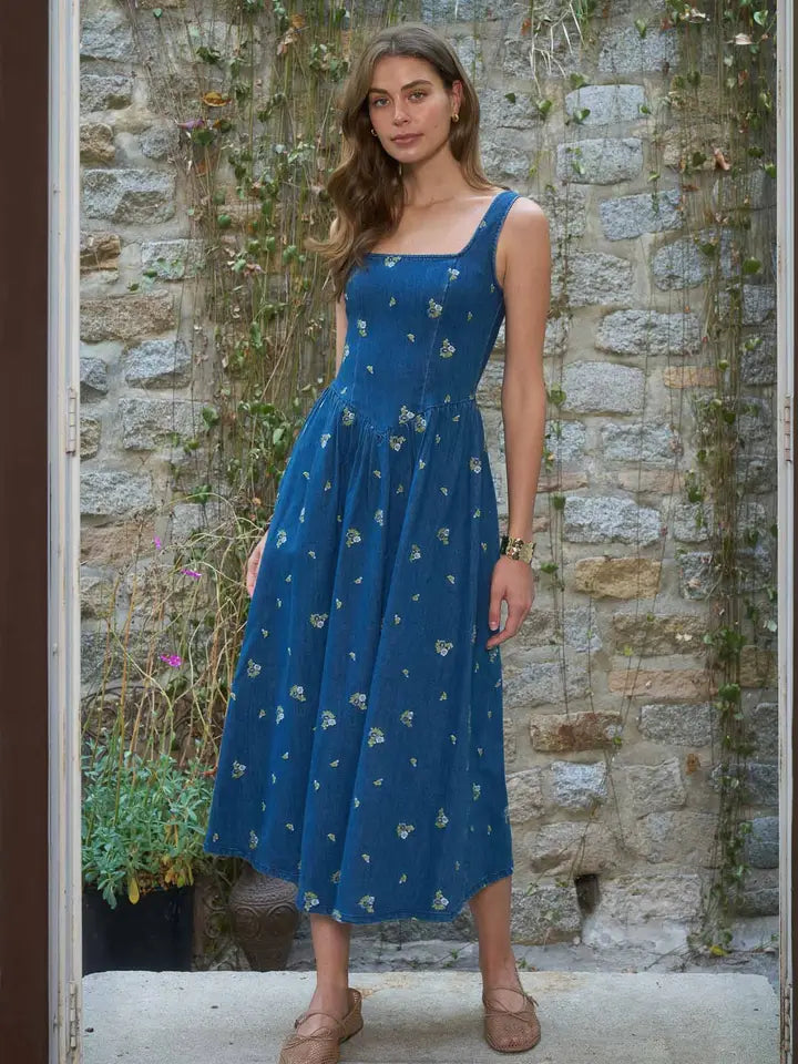 Square Neck Floral Embroidery Detail Denim Midi Dress
