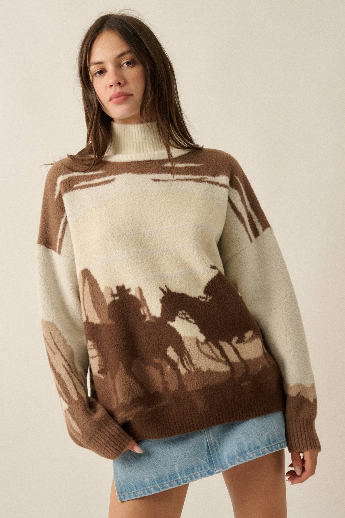 Western Landscape Jacquard-Knit Mock-Neck Sweater