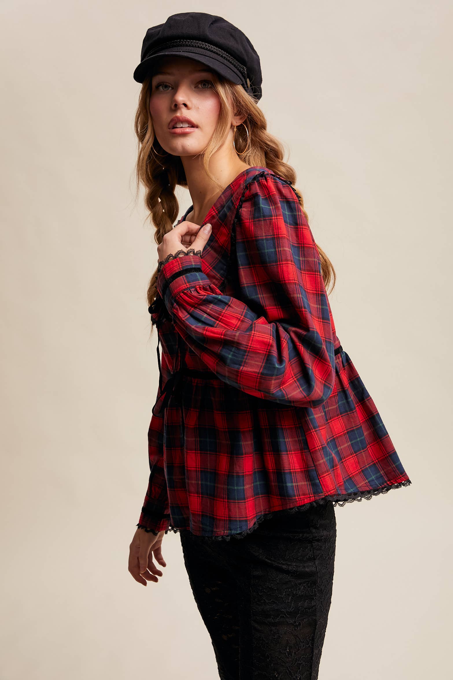Plaid Velvet Trim Holiday Blouse LT1446