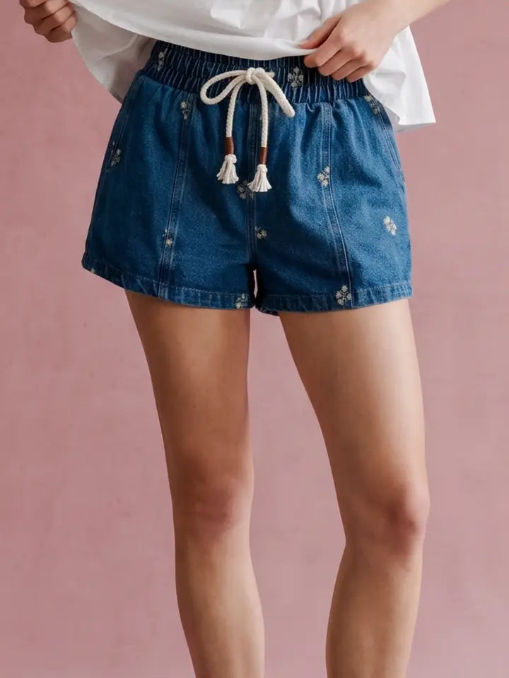 Washed Denim With Floral Embroidered Drawstring Short