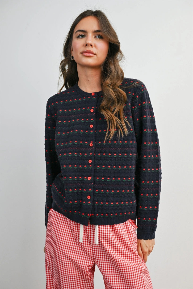 Navy Floral Button-Front Cardigan