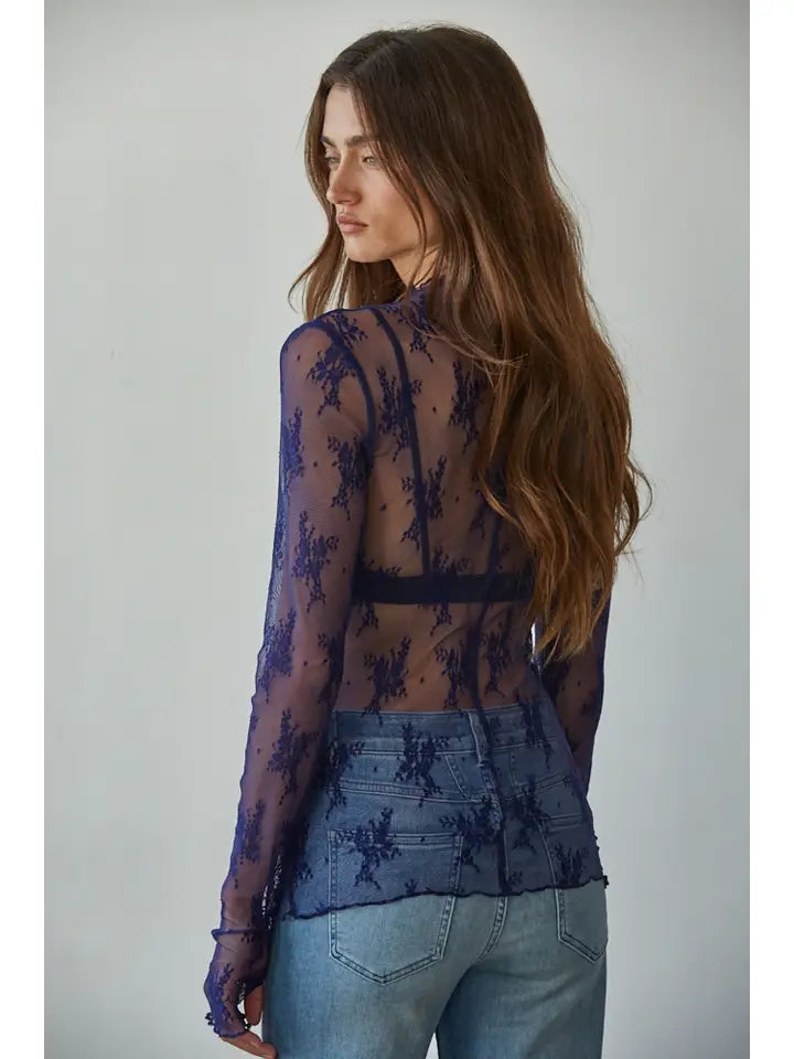 Knit Jacquard Lace Long Sleeve Mock Neck Top