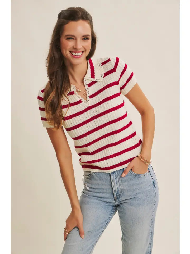 SWEET TIMELESS DELICATE CROCHET POINTELLE STRIPE SWEATER TOP