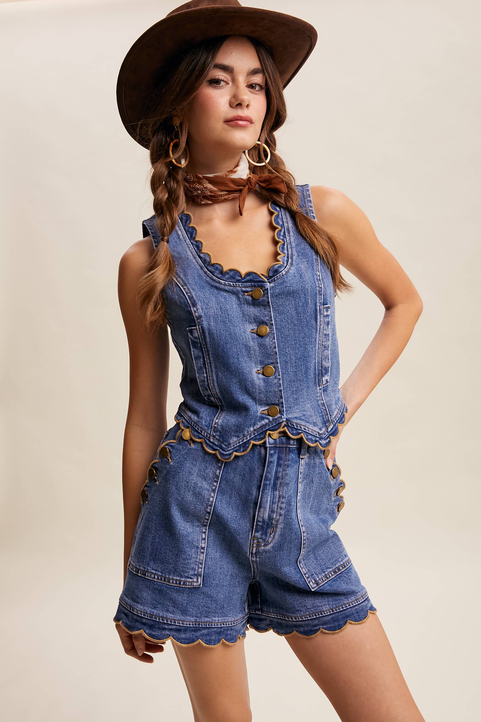Scallop Button-Side Stretch Denim Shorts