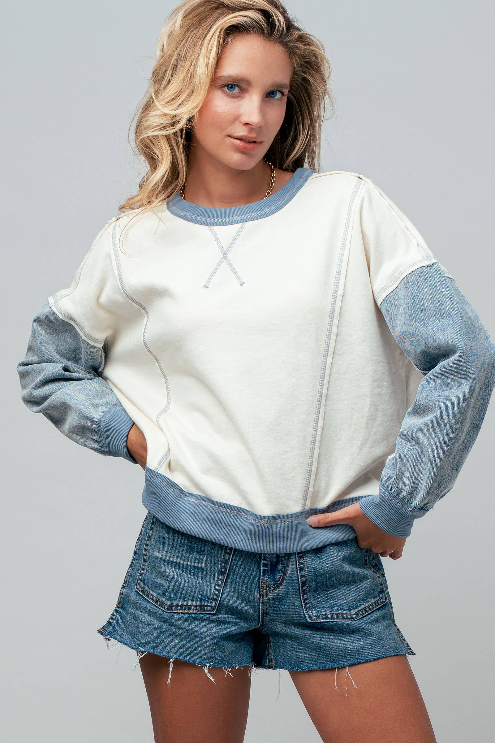 Contrast Denim Sleeve Mixed Media Pullover