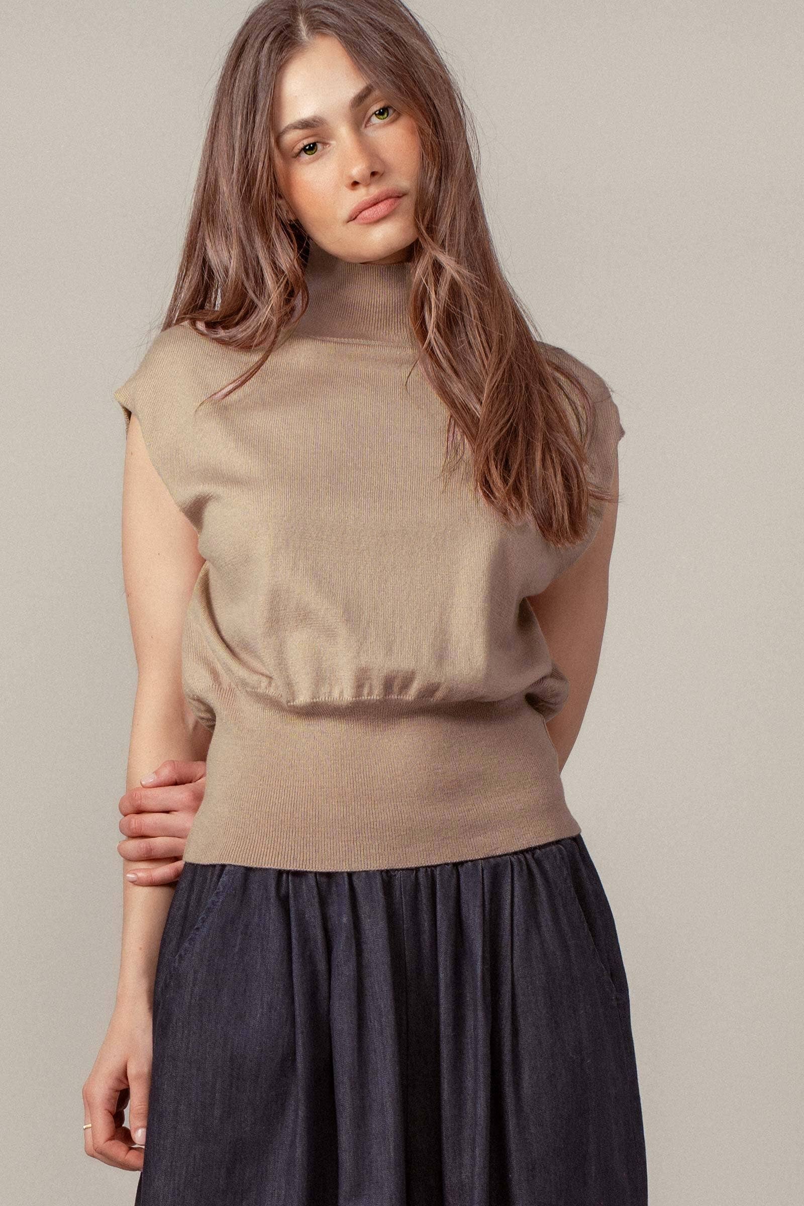 Sleeveless Mock Neck Wool Blend Knit Top
