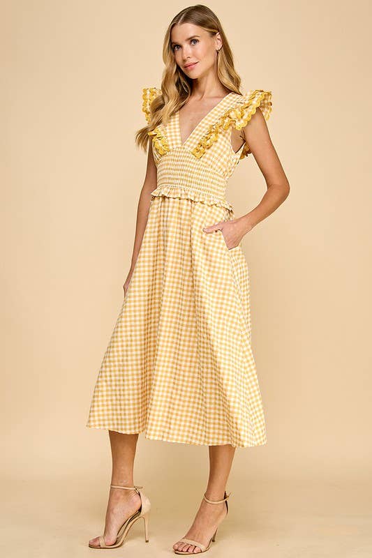 Gingham Ruffled V Neckline Midi Dress