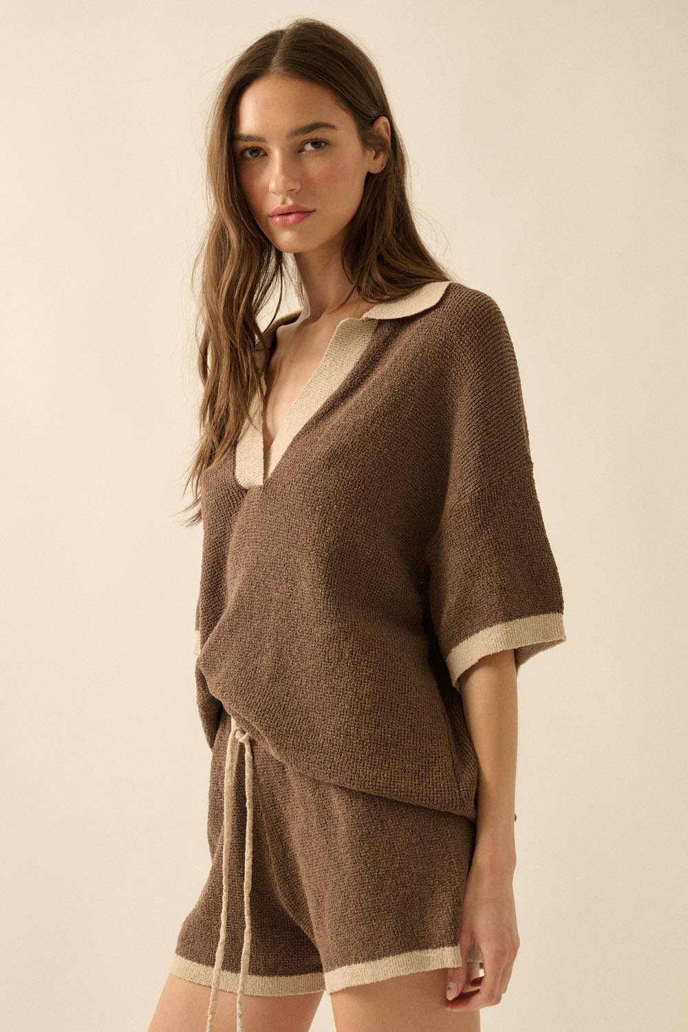 Solid Knit Contrast Short-Sleeve Polo Sweater