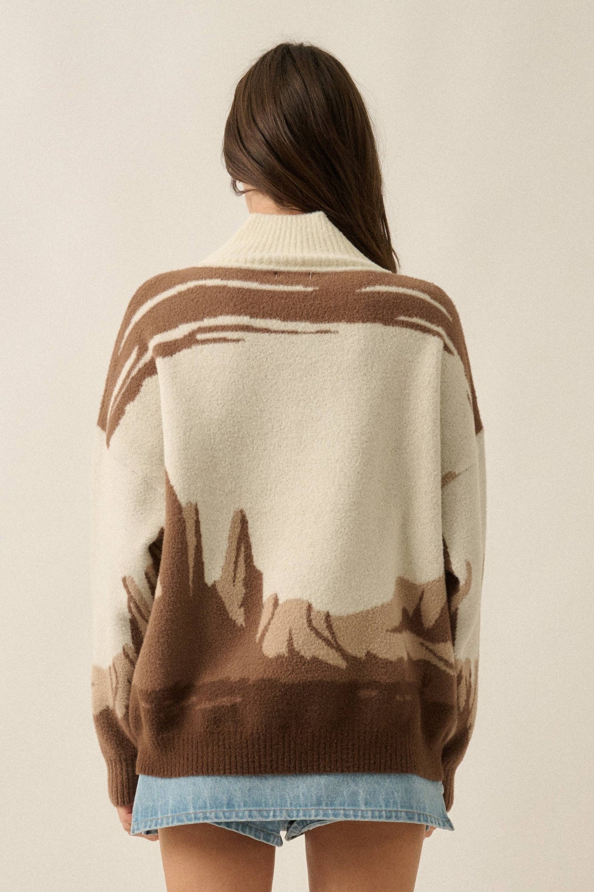 Western Landscape Jacquard-Knit Mock-Neck Sweater