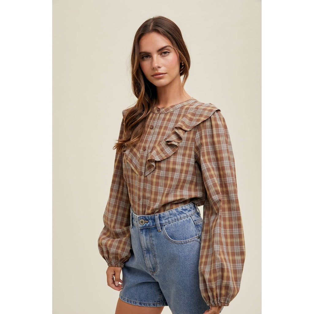 RUFFLED PLAID BUTTON-UP SHIRT
