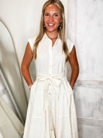 BUTTON DOWN TIERED MIDI DRESS- WHITE