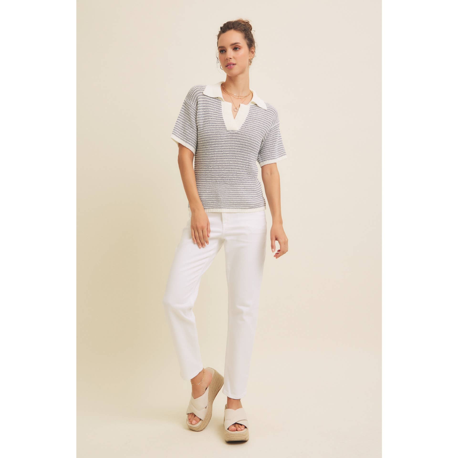 LIGHTWEIGHT BOUCLE SWEATER STRIPE TOP