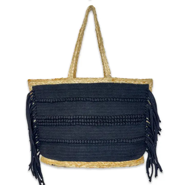 Nora Tote - Jute and Black Cotton Tote with Fringes