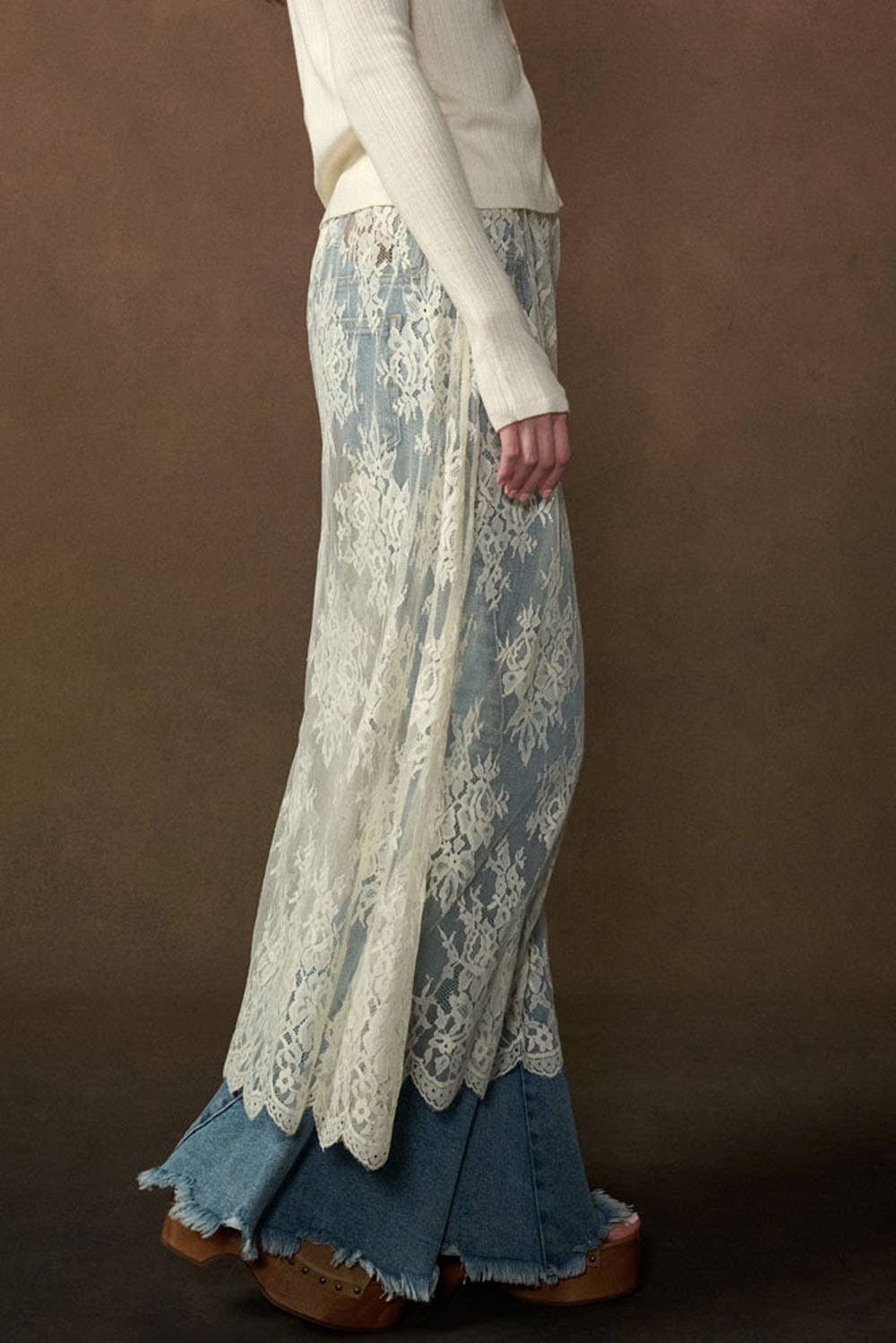 Sheer Floral Lace Layering Midi Skirt