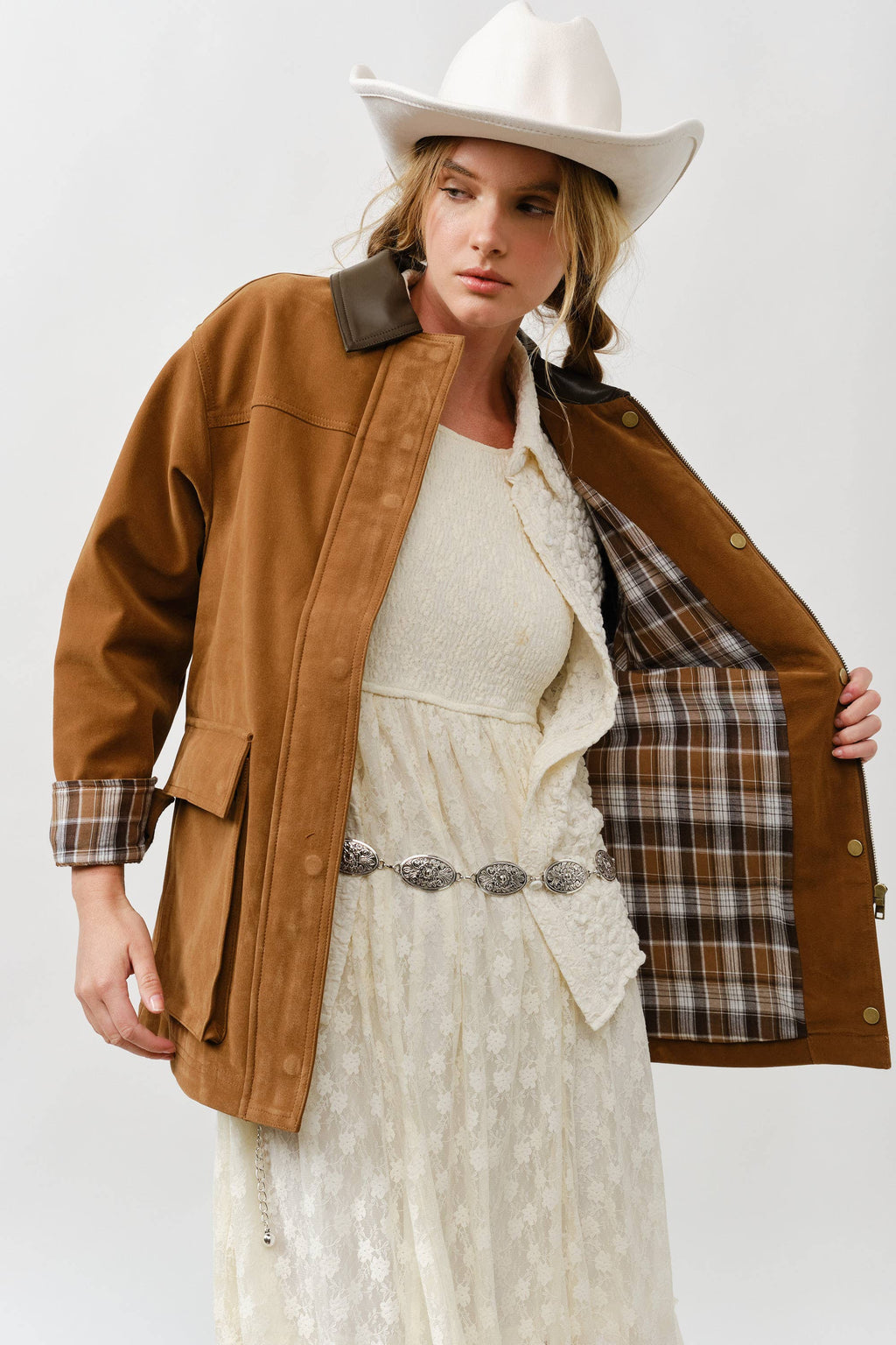 MAJ3262 SUEDE CASUAL JACKET WITH LEATHER COLLAR