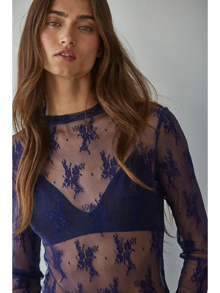 Knit Jacquard Lace Long Sleeve Mock Neck Top