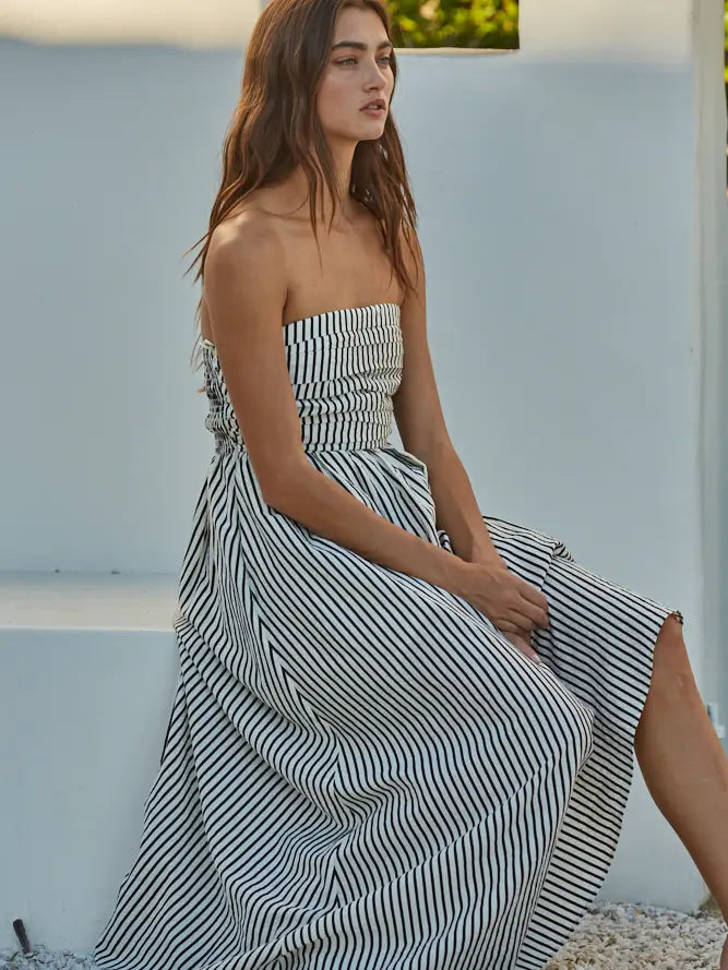 Striped Tube Neck Strapless Flare Maxi Dress
