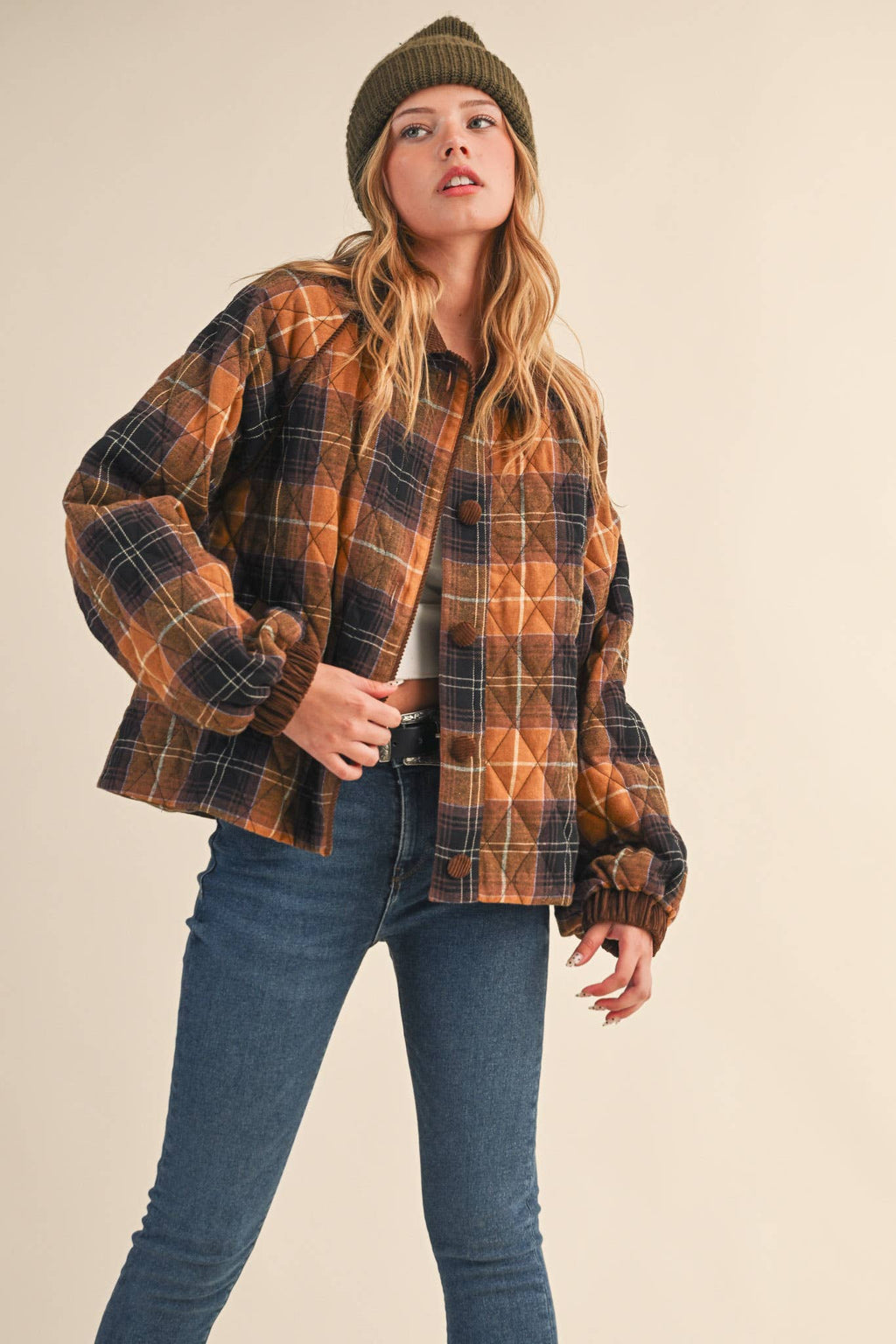 PLAID QUILTED JACKET WITH CONTRAST CORDUROY DETAIL MJK4115