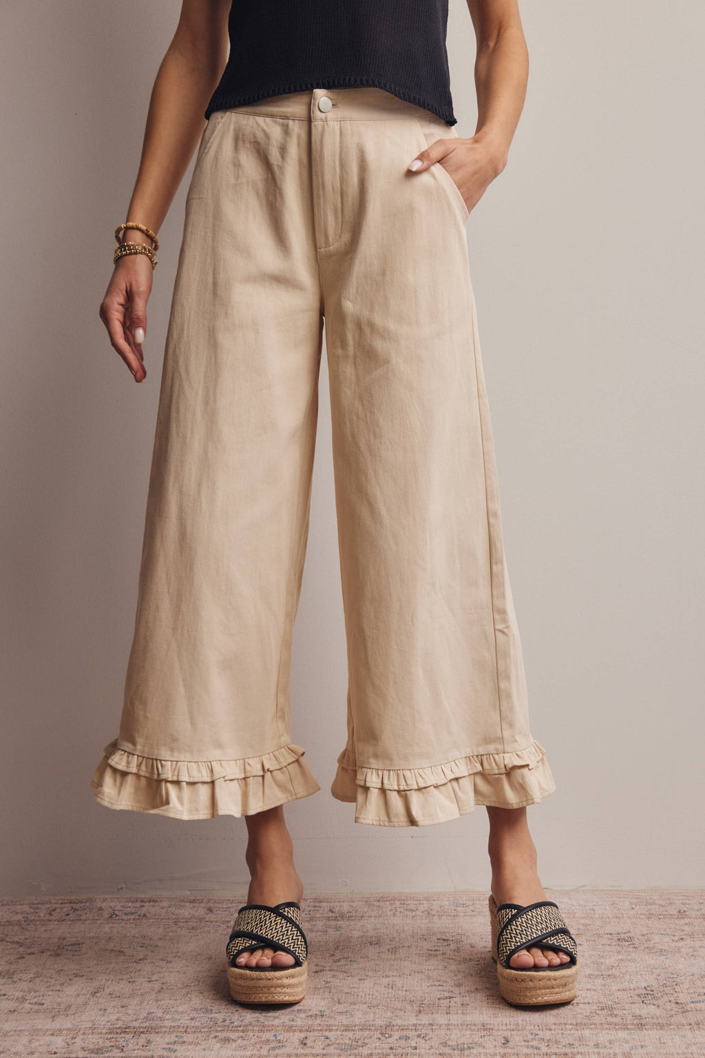 High-Waisted Wide-Leg Boho Pants with Ruffle Hem