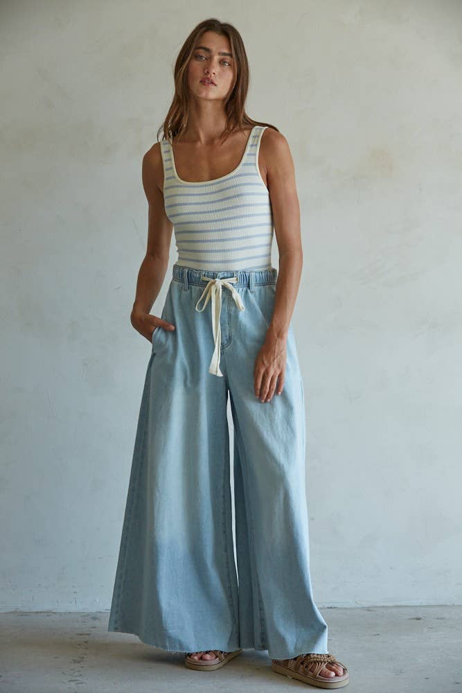 Denim Drawstring Waist Band Wide Leg Pants