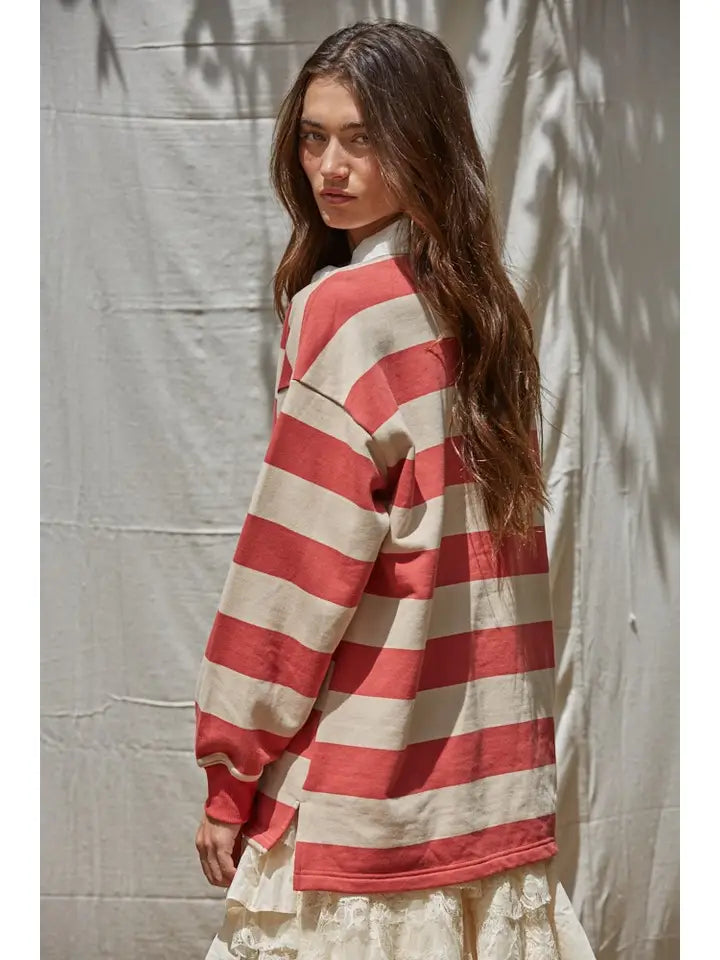 Knit Cotton Striped French Terry Collar Neck Top