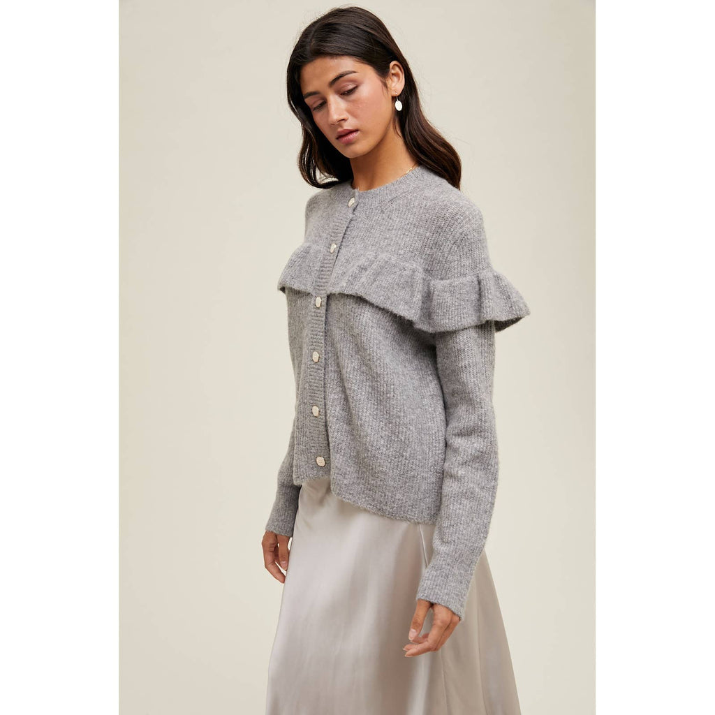 BRUSHED BUTTON-UP FRILL SWEATER CARDIGAN