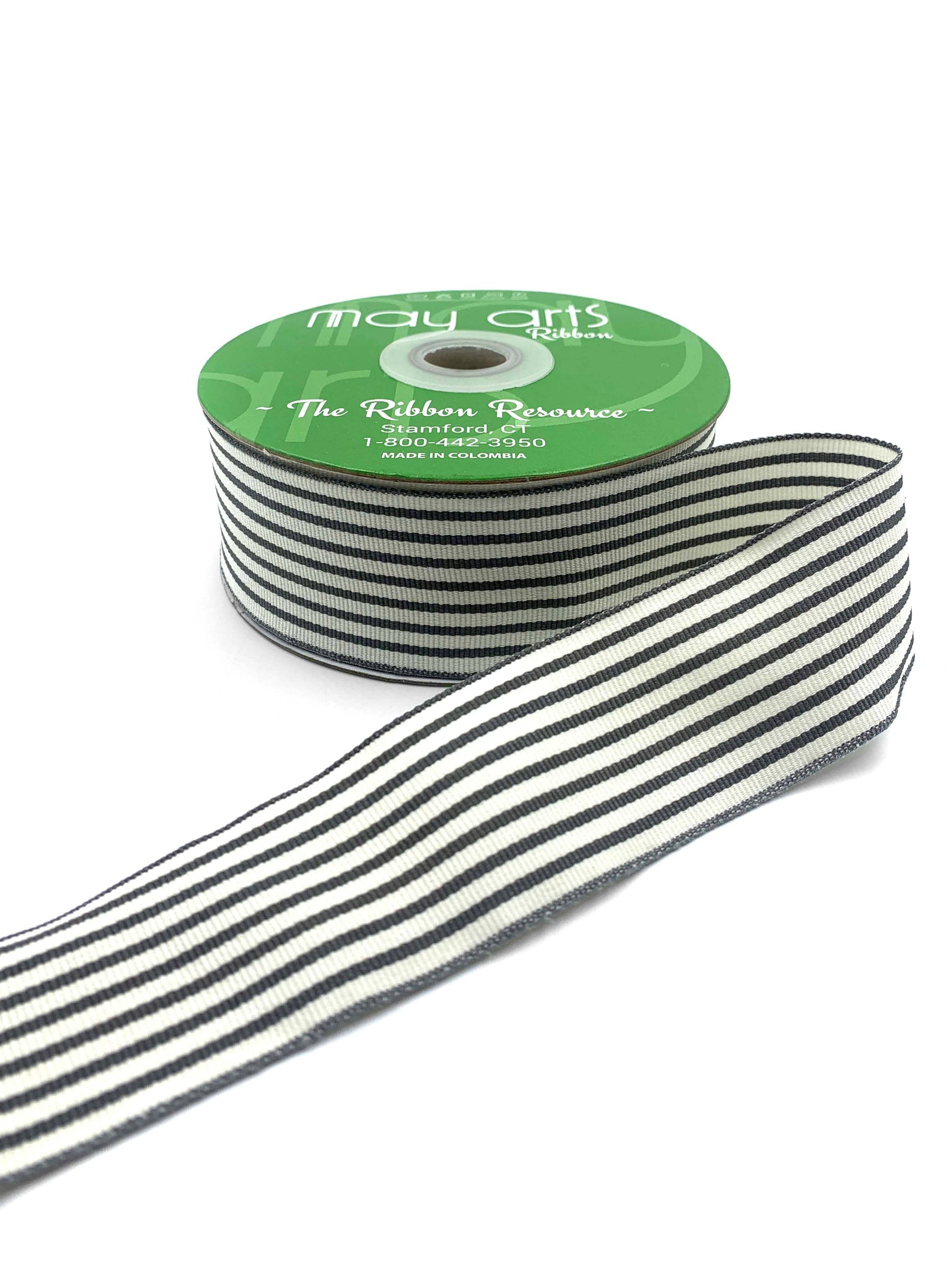 1.5" Woven Classic Charcoal & Ivory Striped Grosgrain Ribbon