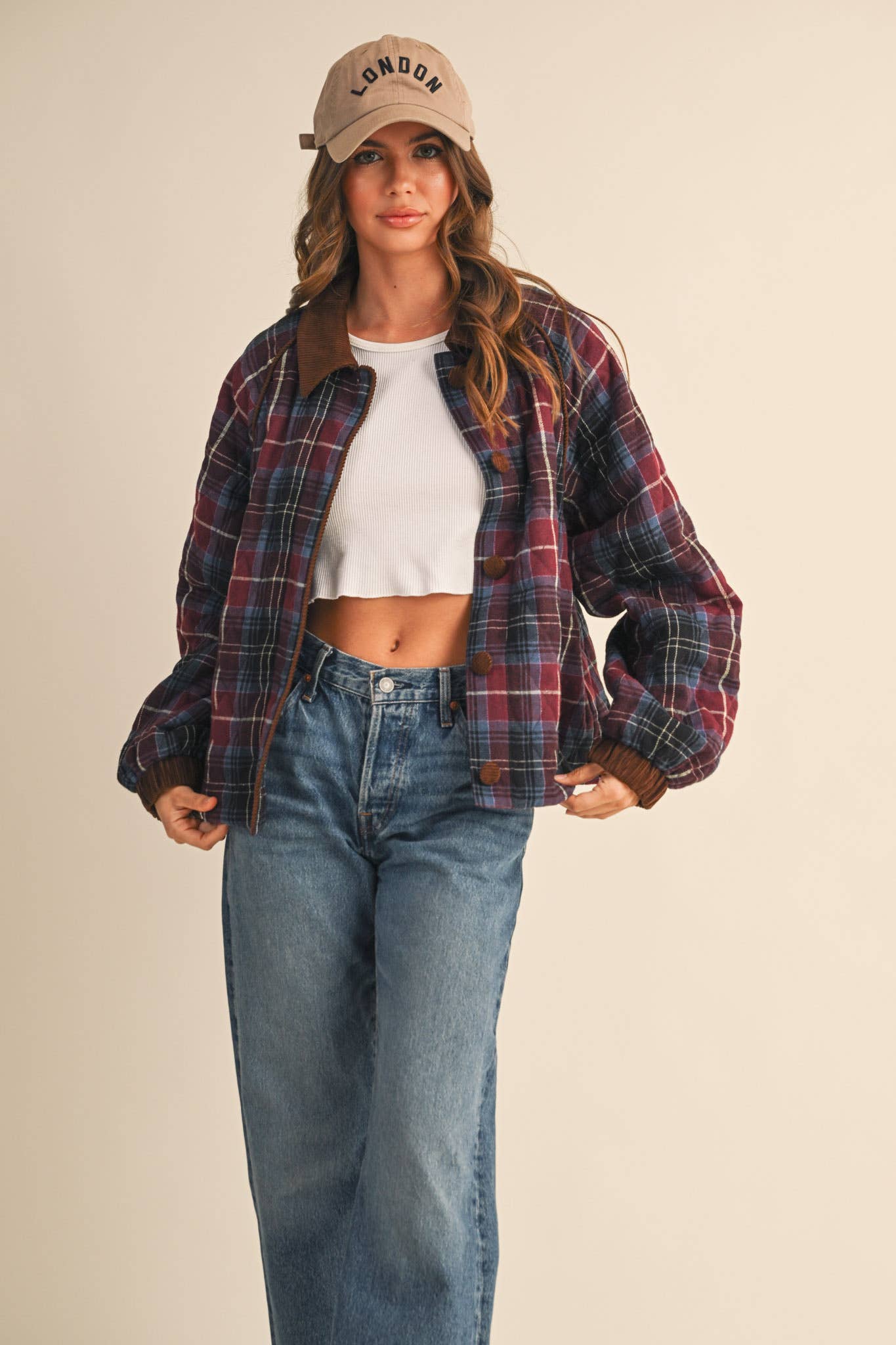 PLAID QUILTED JACKET WITH CONTRAST CORDUROY DETAIL MJK4115