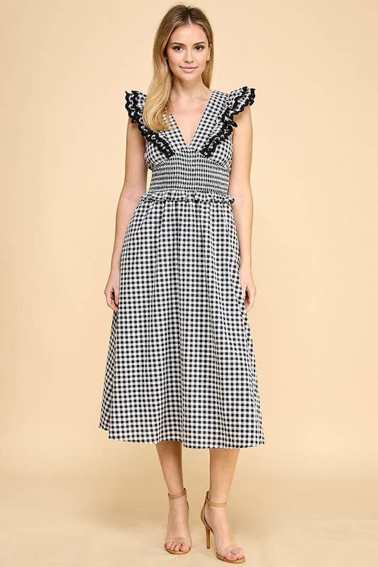 Gingham Ruffled V Neckline Midi Dress