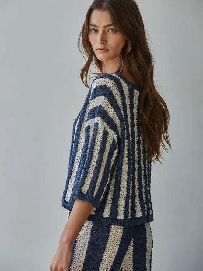By Together Striped Short Sleeve Sweater - Denim Natural Knit Pullover