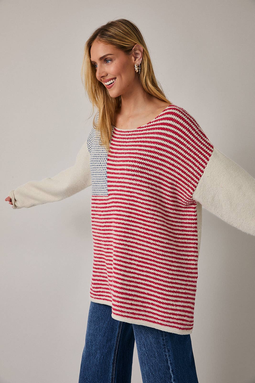 BOAT NECK LONG SLEEVE OVERSIZE FLAG SWEATER