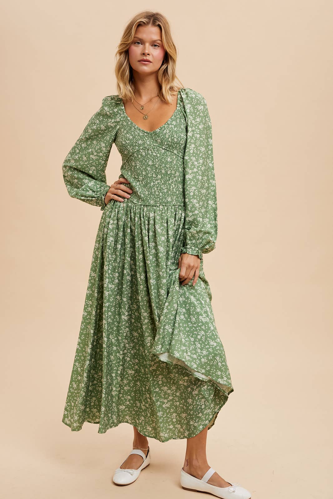 SMOCKED DROPWAIST MAXI DRESS