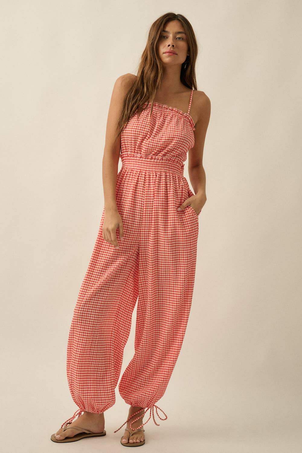 Gingham Plaid Open-Back Jumpsuit