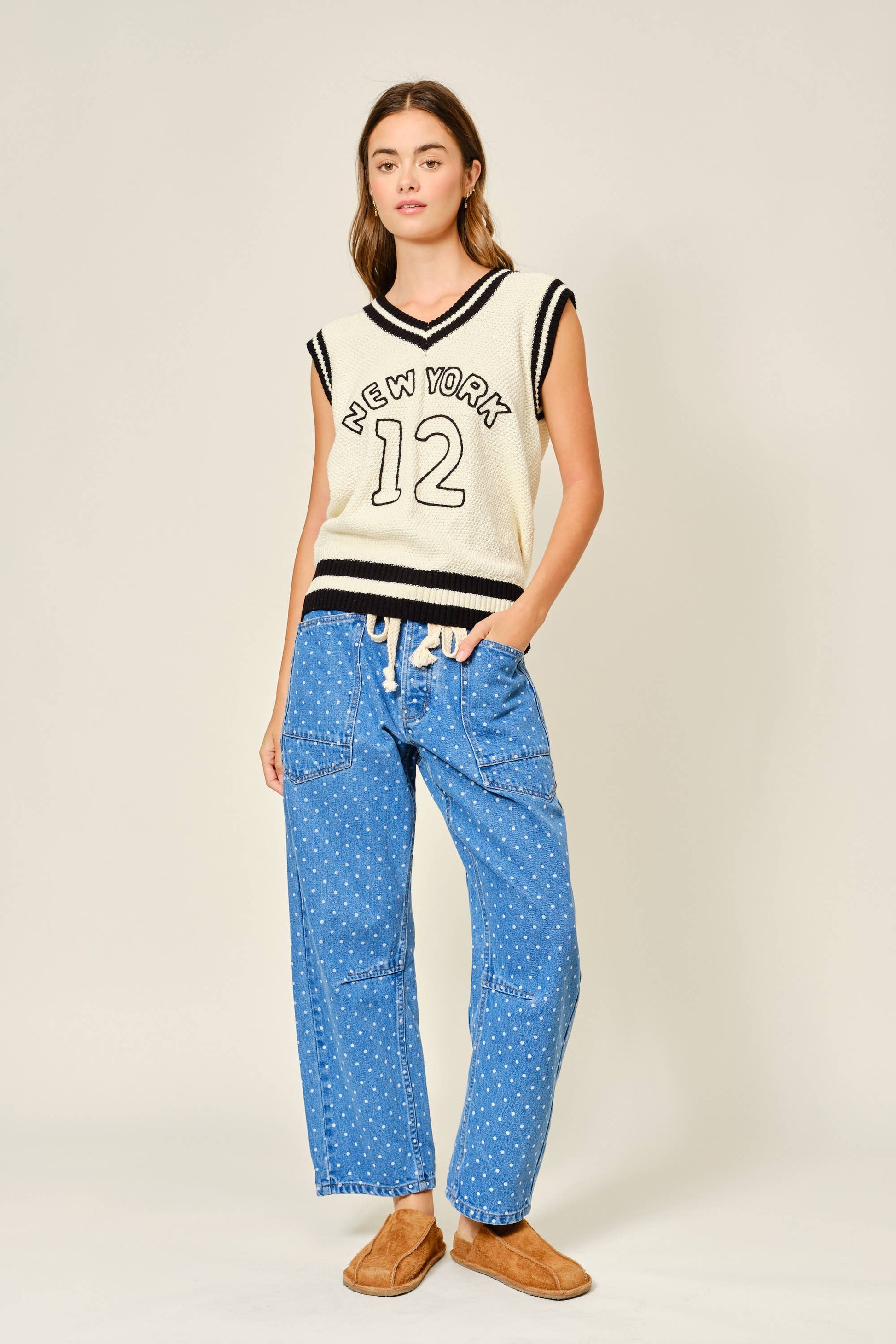 POLKA DOT DENIM BARREL PANTS